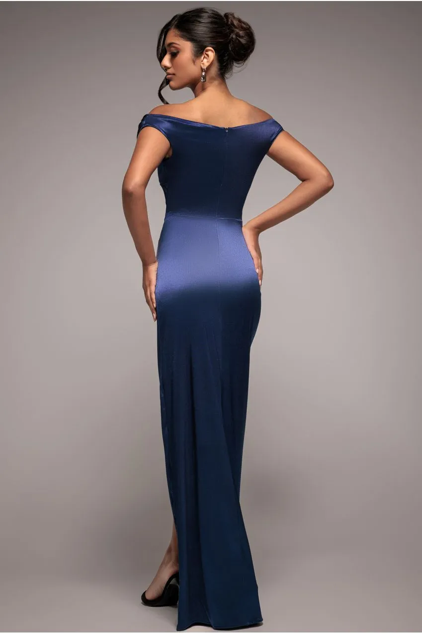 Goddiva Cowl Bardot abito maxi blu navy satin
