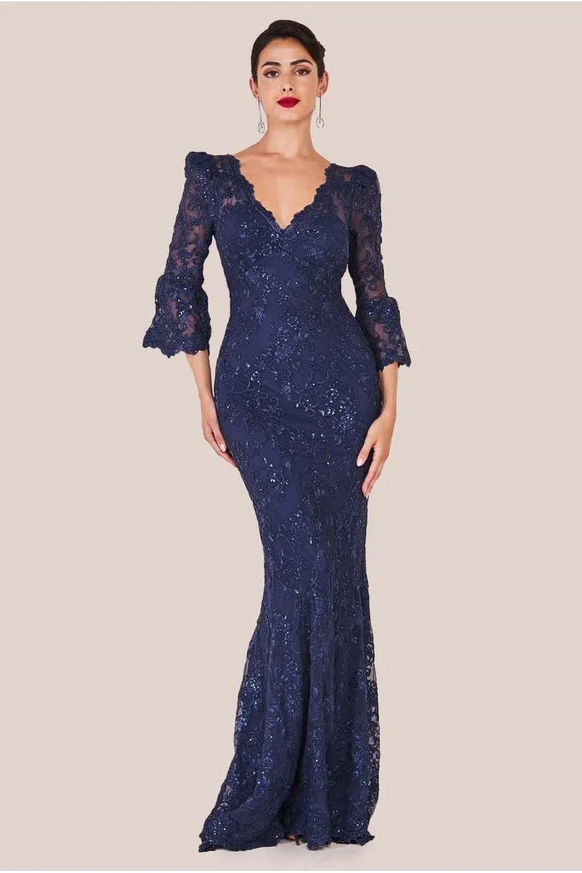 Goddiva Scalloped Lace Maxi Dress Abito Pizzo Blu Navy
