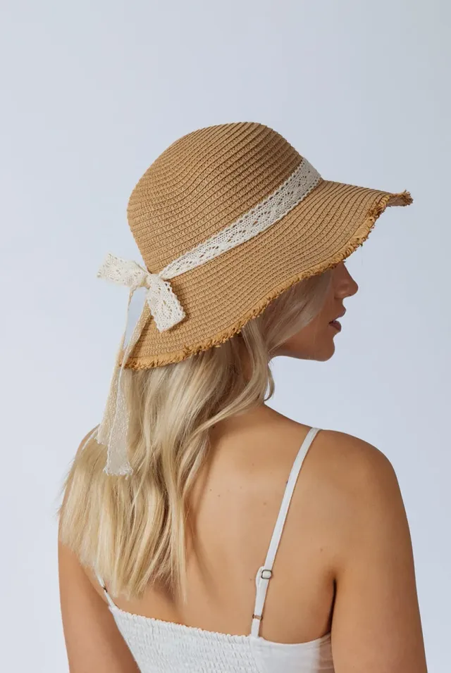 SVNX Lace Ribbon Straw cappello paglia marrone nastro pizzo