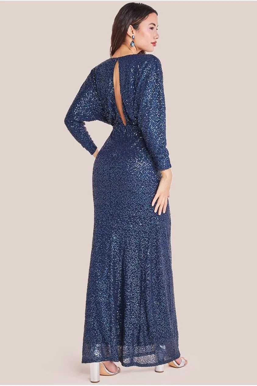 Goddiva Plunge DR3833 abito maxi blu navy paillettes