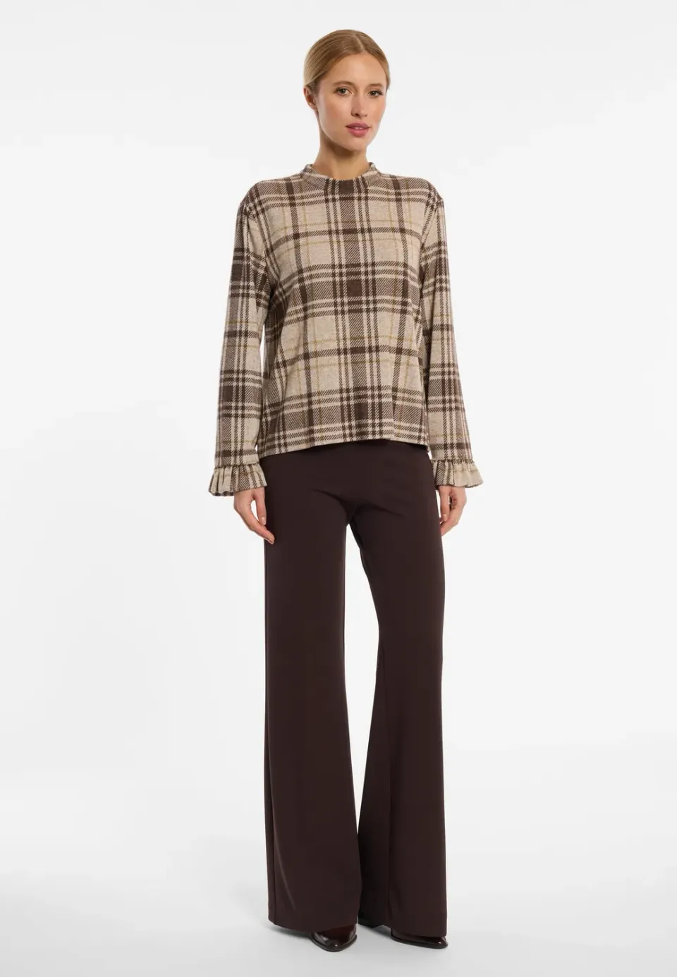 Ana Alcazar Encory top scozzese beige con rouche