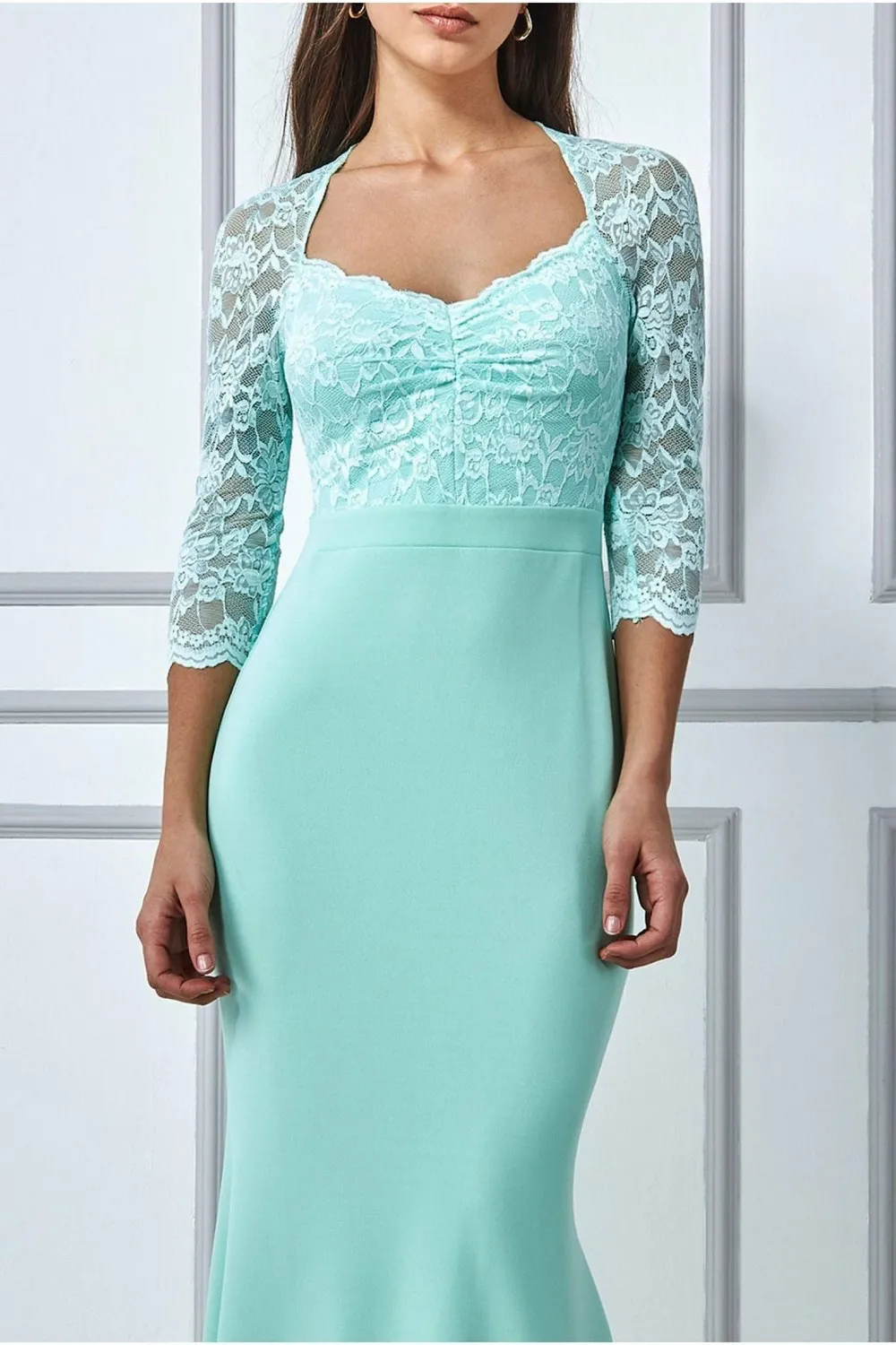Goddiva Lace Bodice abito maxi menta pizzo maniche