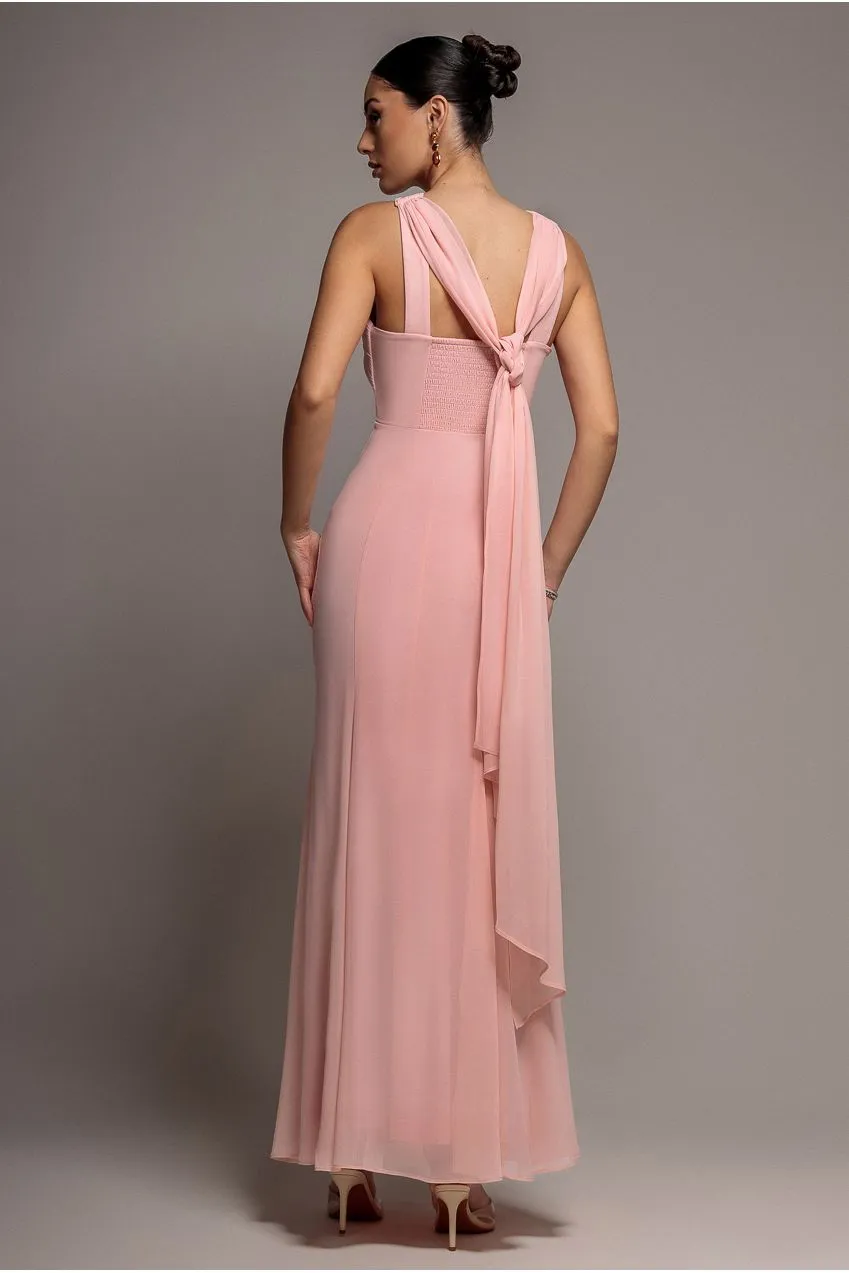 Goddiva Cross Front Scarf Back abito sirena chiffon blush