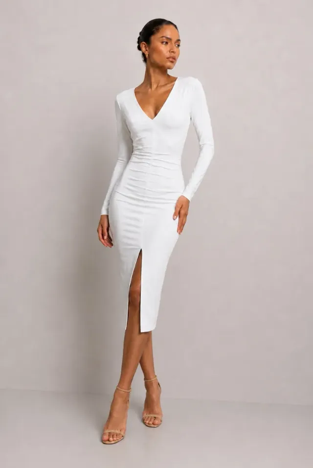 Honor Gold Jessica abito midi bianco maniche lunghe spacco arricciato