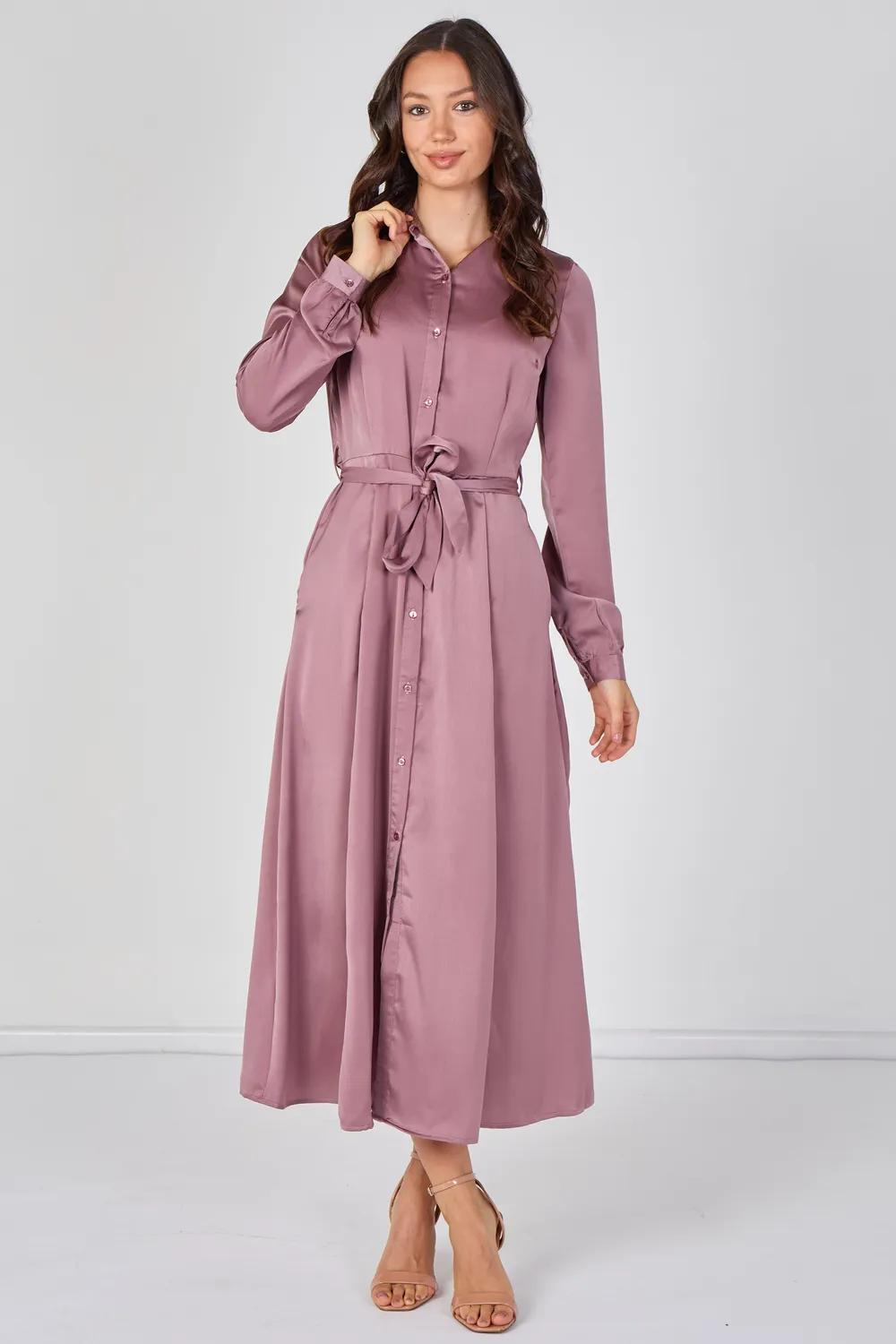 Love Sunshine Belted abito camicia rosa satin cintura