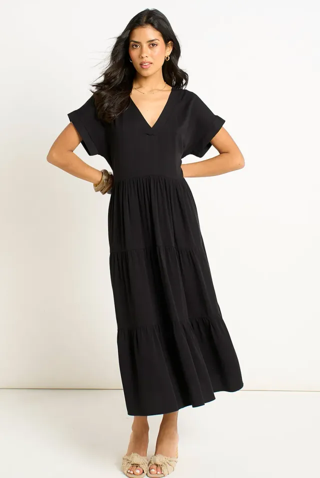 Gini London Pocket Smock abito midi nero M/L scollo a V