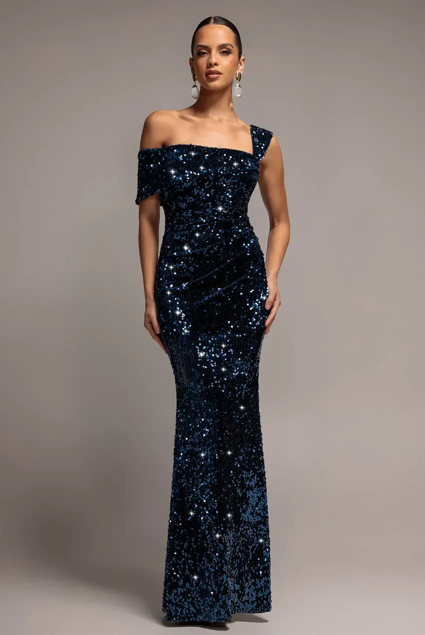 Goddiva abito maxi monospalla navy velluto paillettes