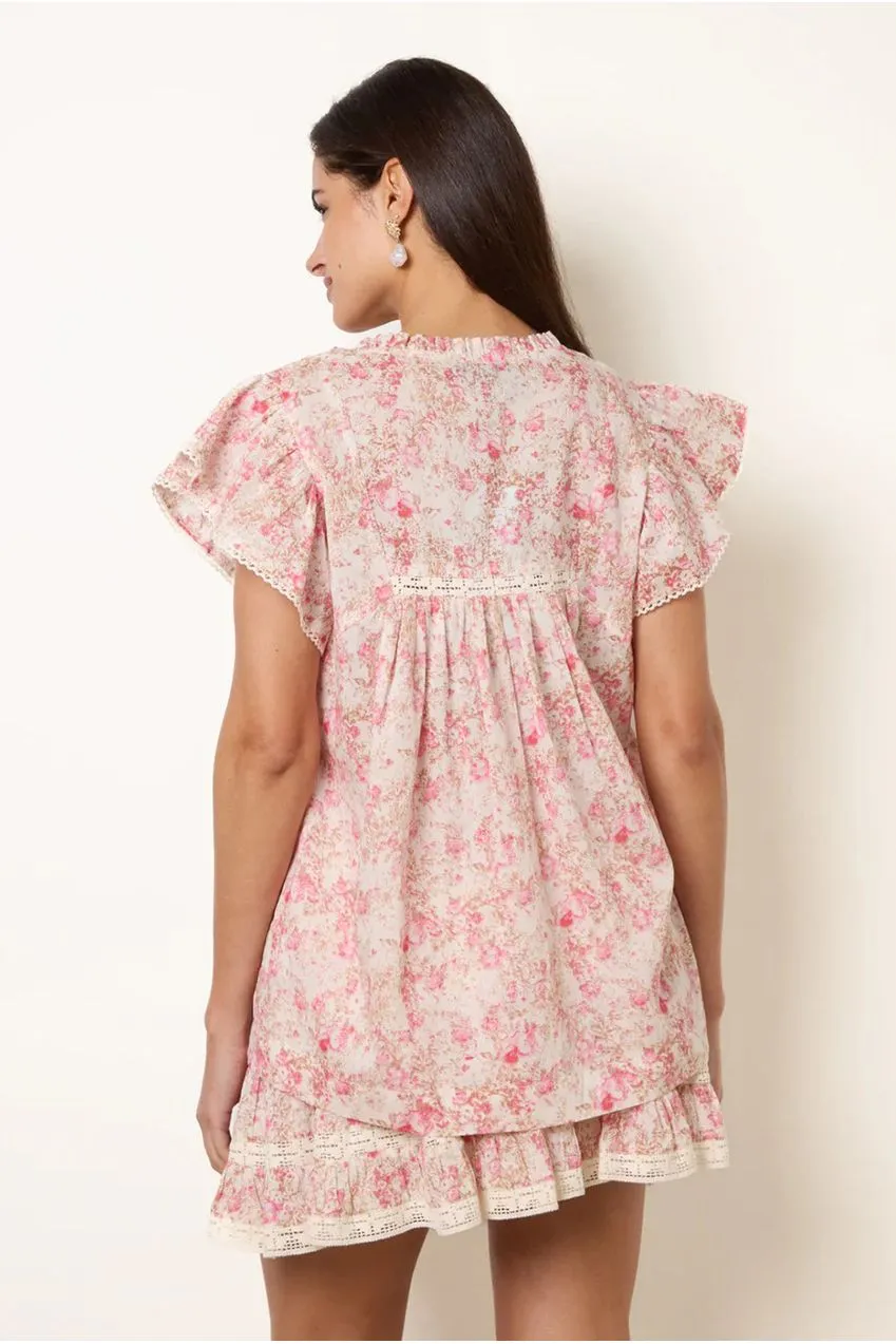 Blue Vanilla Ditsy top cotone rosa manica con volant