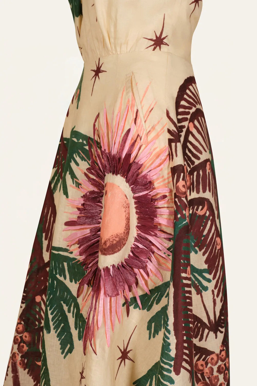 Johanna Ortiz Western Elements abito midi lino ecru ricamato