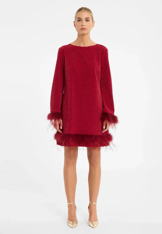 Ana Alcazar Cilea abito cocktail rosso lurex piume svasato