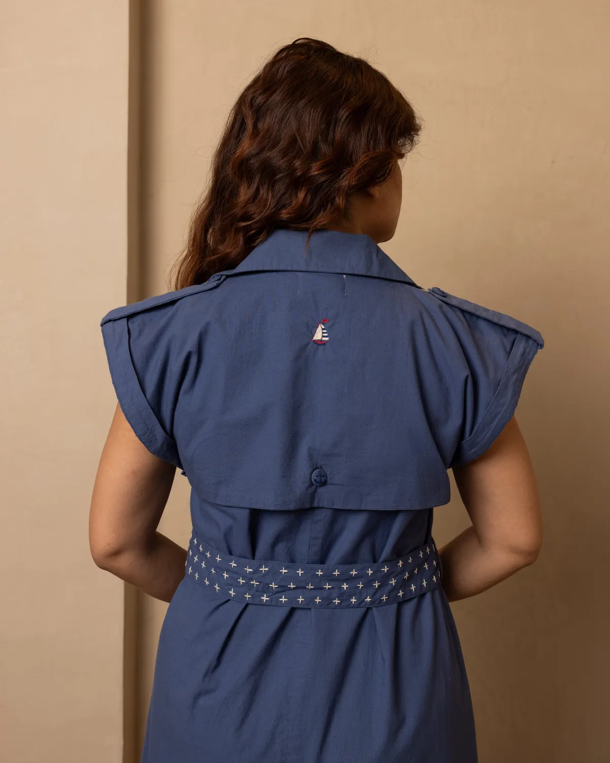 Our Dve Sail abito donna poplin blu nautico cintura