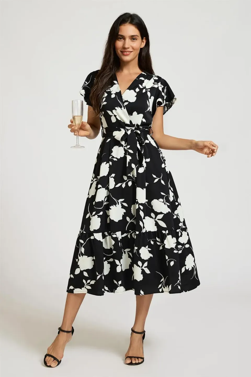 FS Collection Wrap abito midi nero floreale manica corta