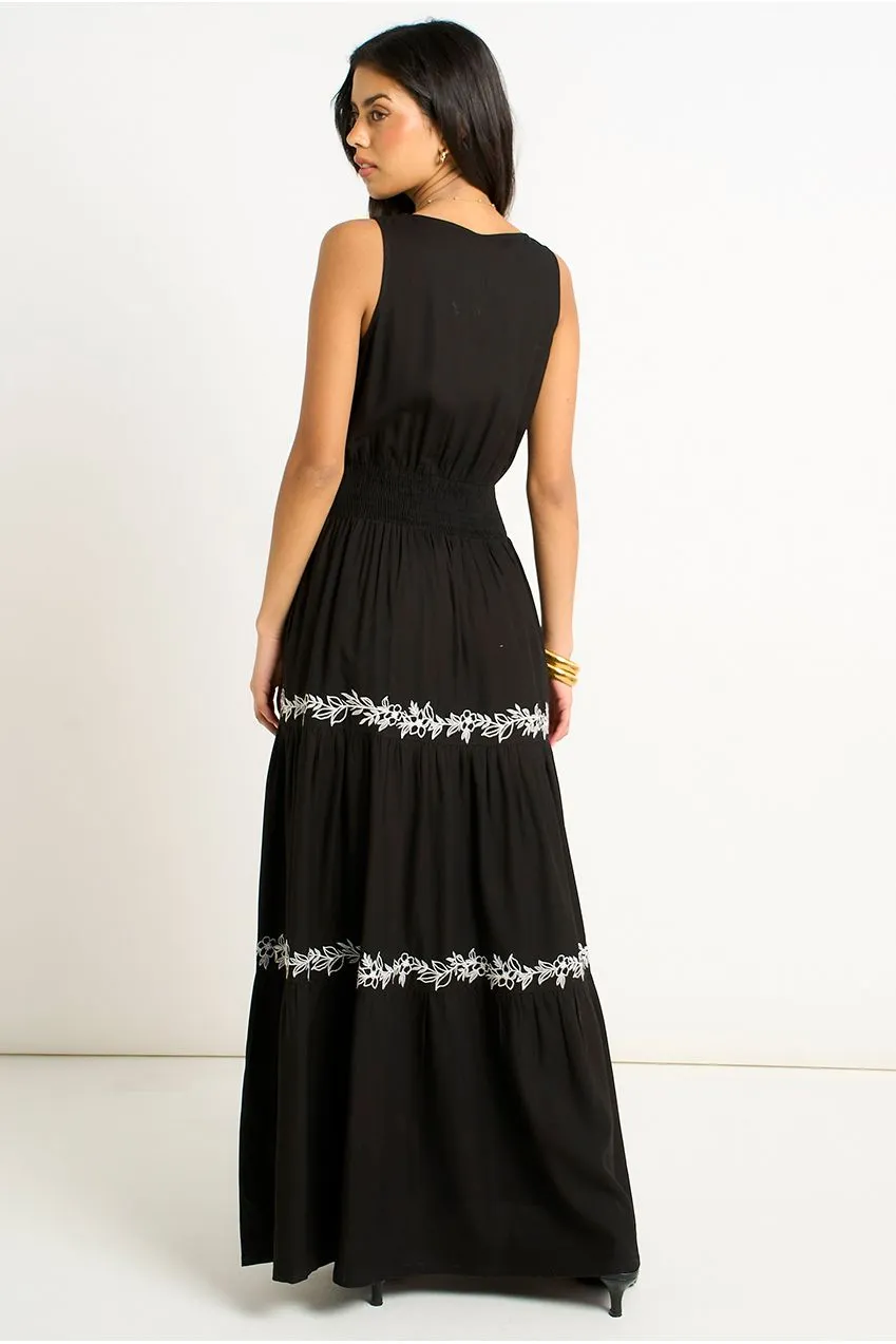 Gini London Black Floral Embroidery abito maxi nero ricamato