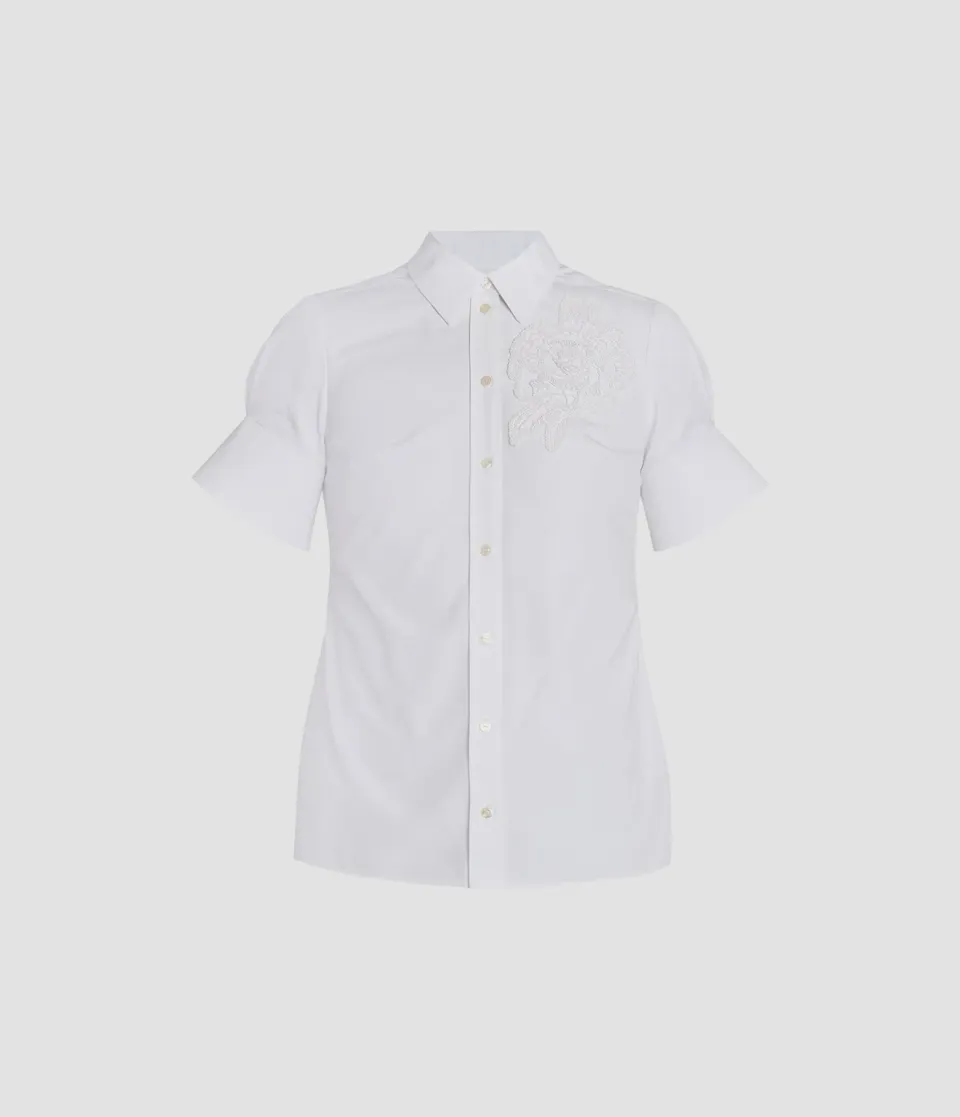 Erdem camicia bianca cotone applique fiore manica corta