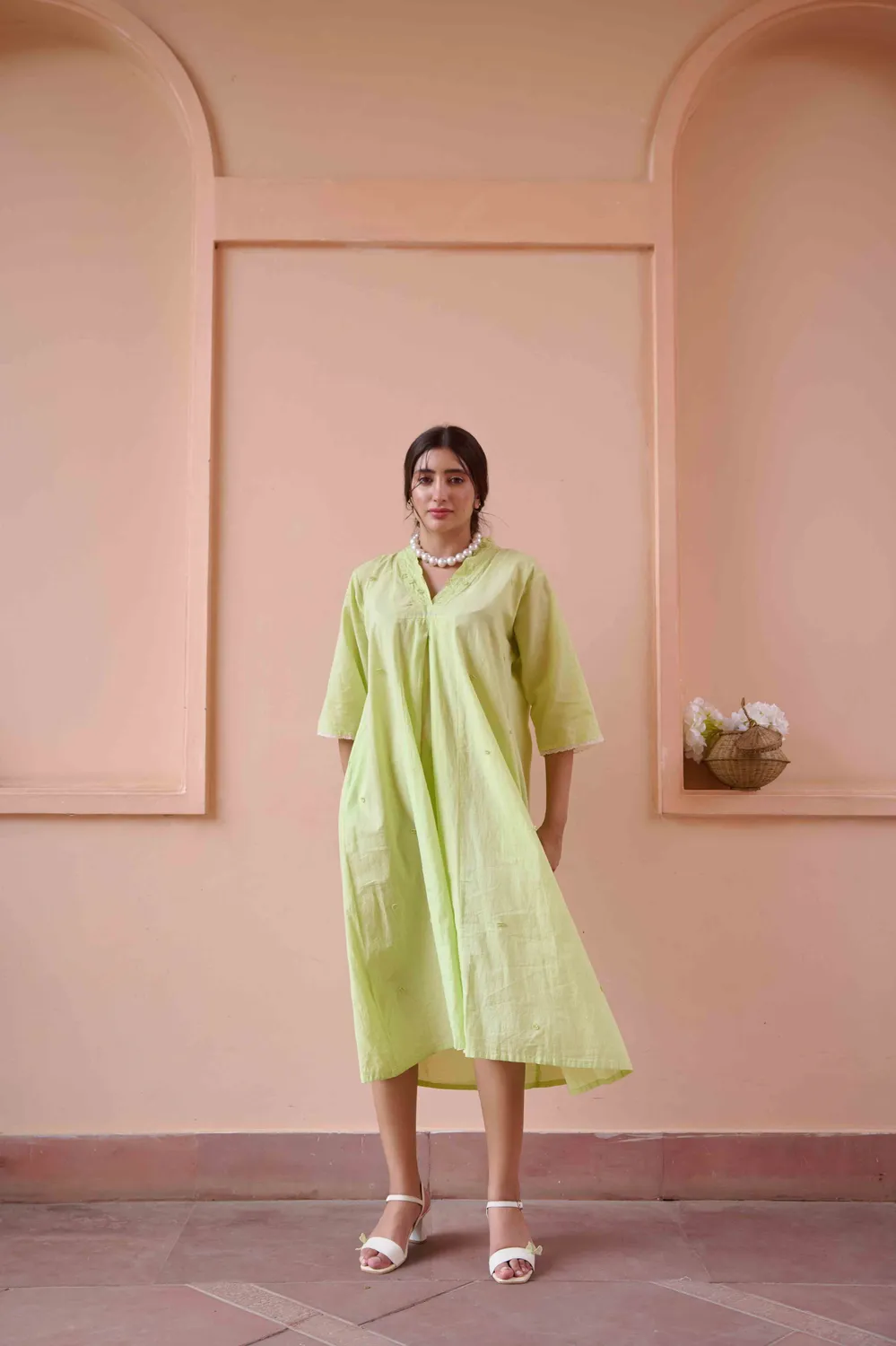 Our Dve Olivia abito verde cotone scollo V