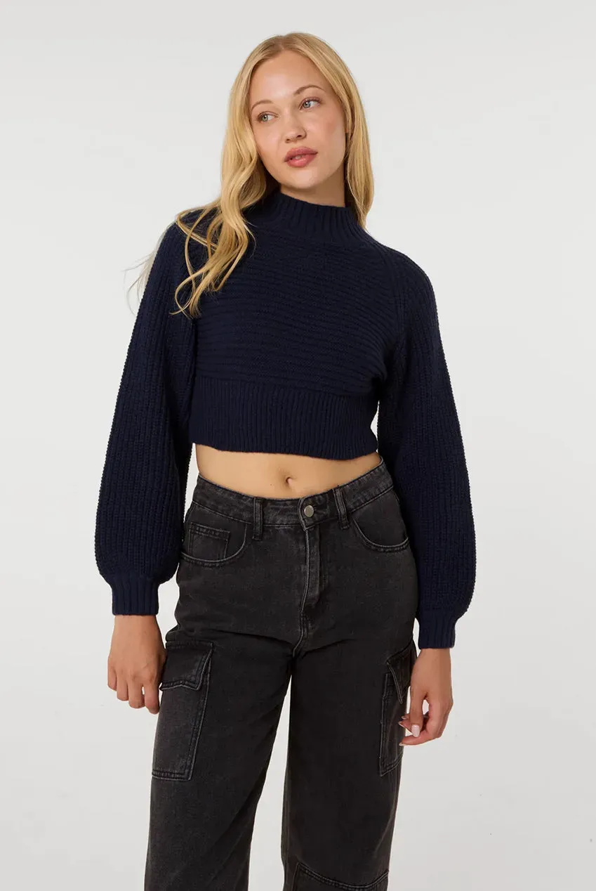 Pink Vanilla Knitted maglia crop navy collo alto manica lunga