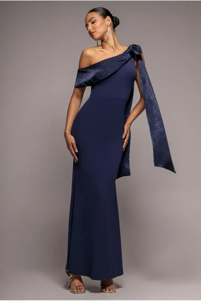 Goddiva One Shoulder abito lungo satin blu notte fiocco