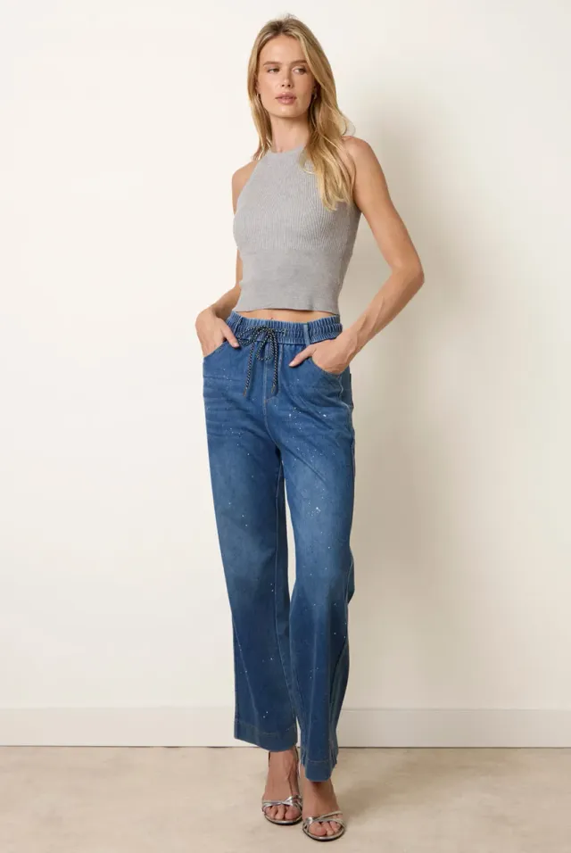 Blue Vanilla Jeans Wide Leg Blu Denim con Strass e Schizzi