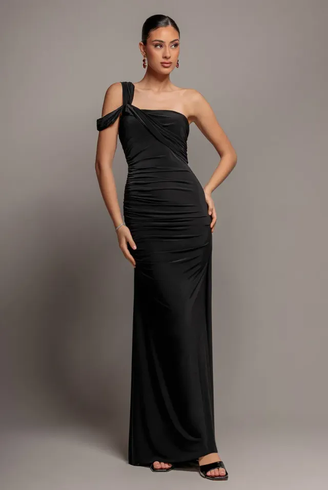 Goddiva DR5351 abito maxi monospalla nero drappeggiato