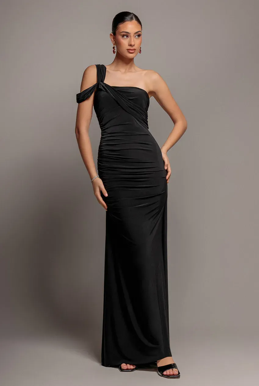 Goddiva DR5351 abito maxi monospalla nero drappeggiato