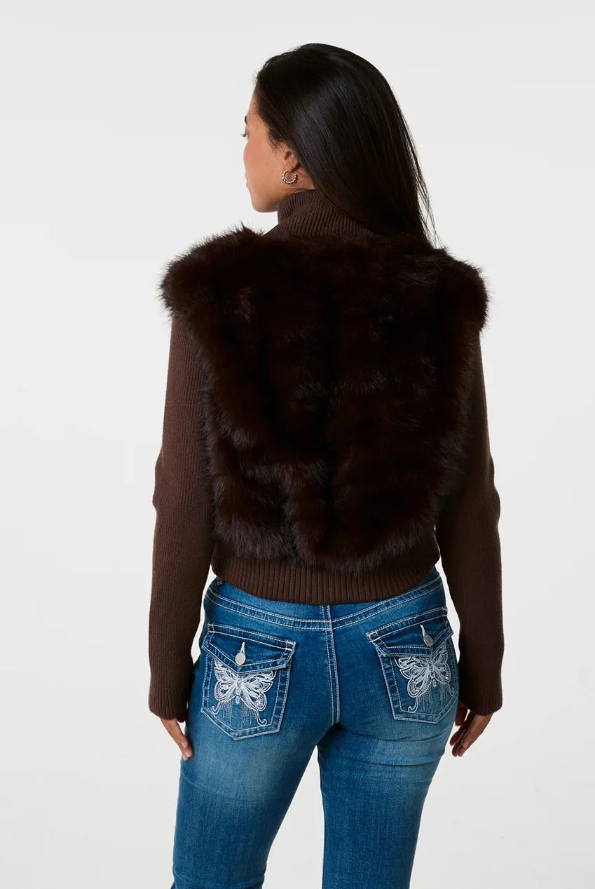 Pink Vanilla Faux Fur Panel Giacca Zip Cioccolato