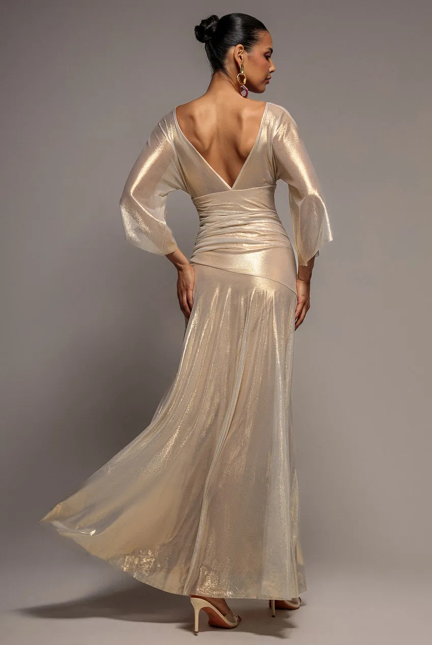 Goddiva Gravity Defying Naked Maxi abito oro corsetto