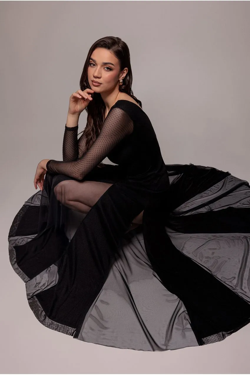 Goddiva Dobby Mesh Insert Abito Maxi Nero a trapezio