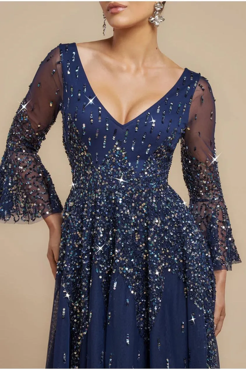 Goddiva Sunray abito maxi blu navy paillettes scollo V