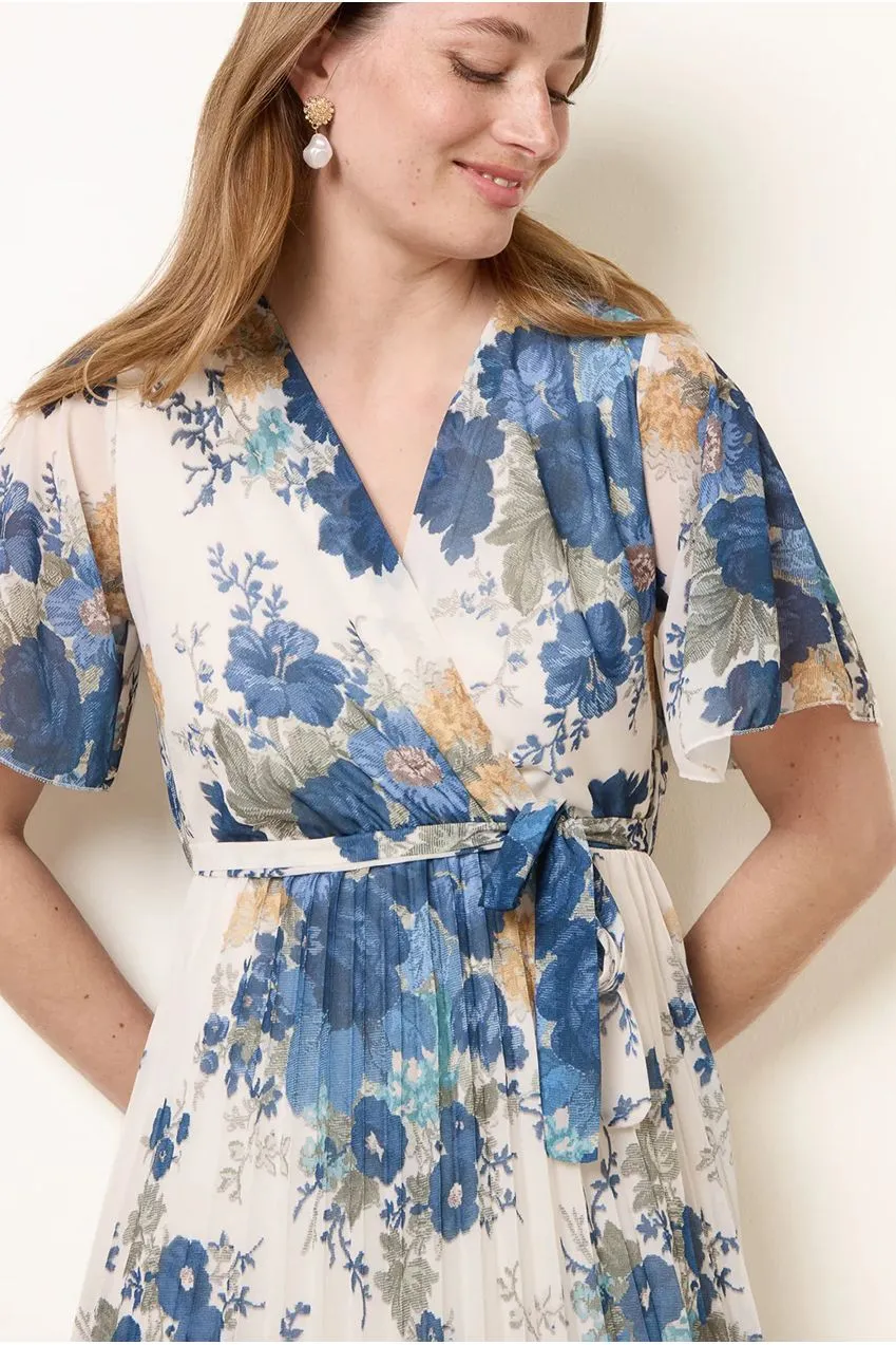 Blue Vanilla Crossover Print vestito plisse navy midi chiffon