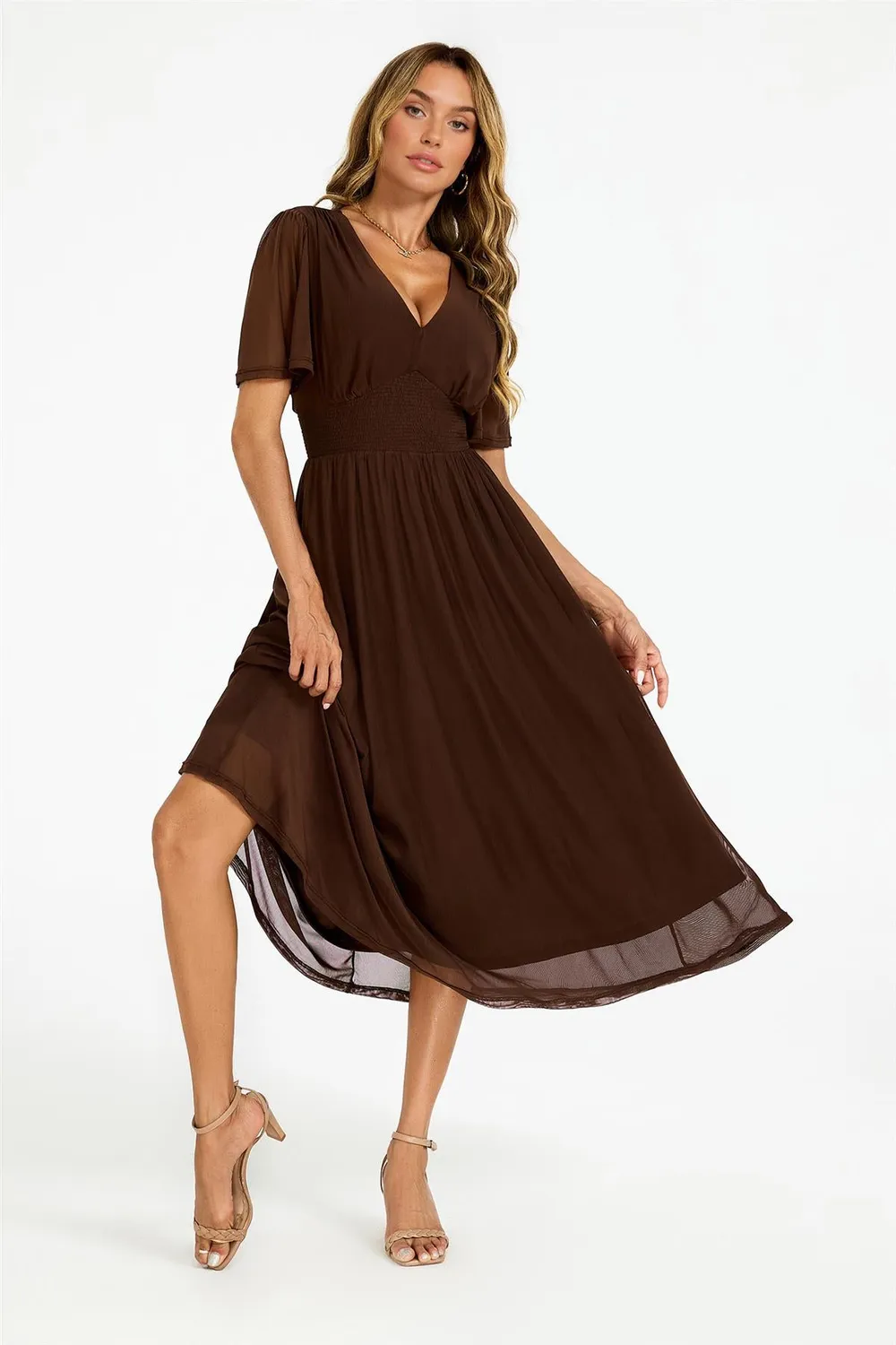 FS Collection Flutter Sleeve abito midi marrone scollo V