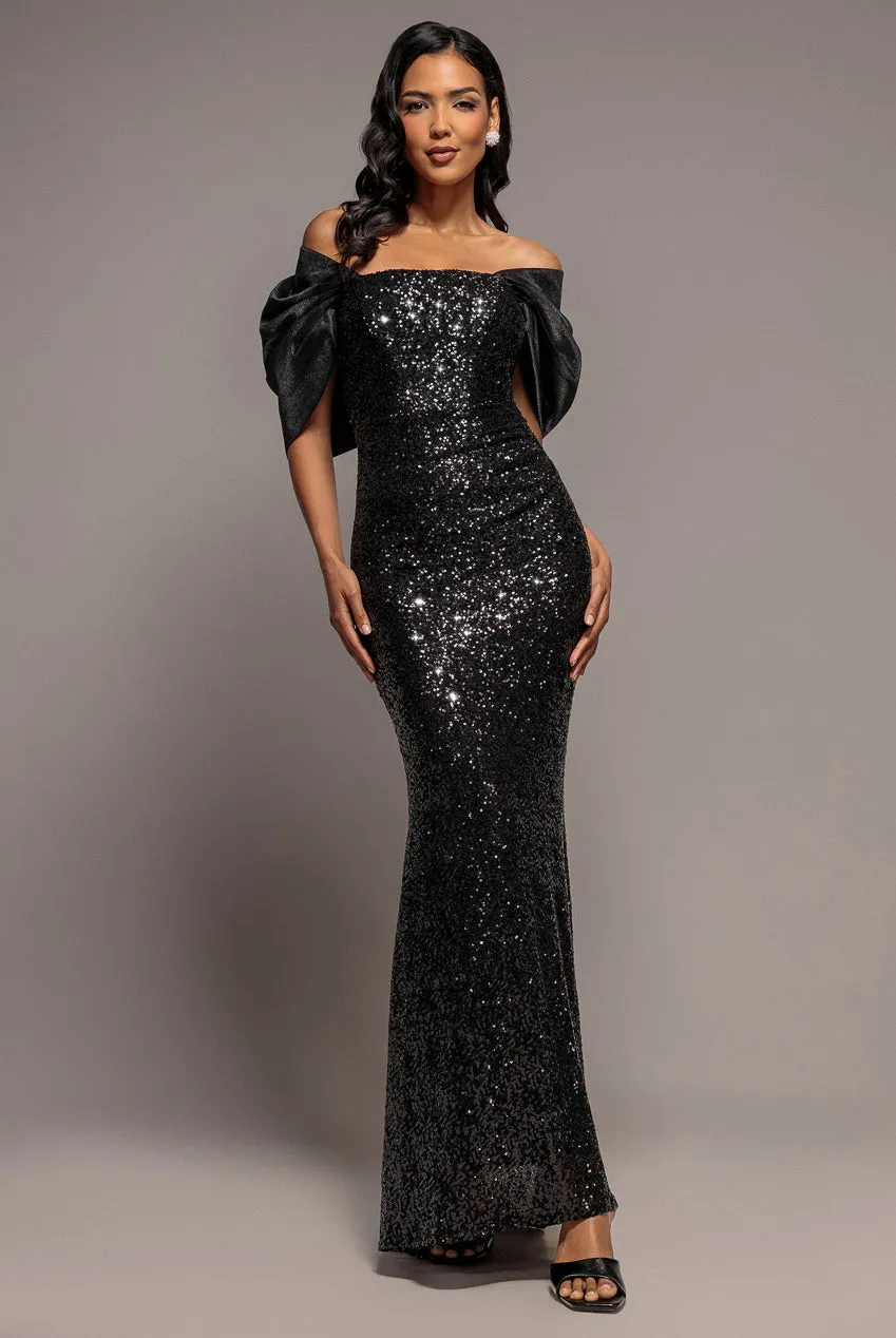 Goddiva DR5198 Maxi Abito Nero Paillettes Fiocco Schiena