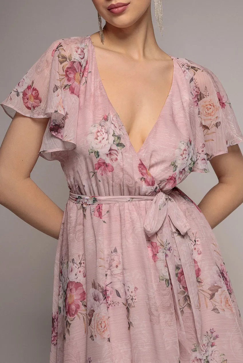Goddiva Lurex Abito Midi Svasato Rosa Cipria Chiffon