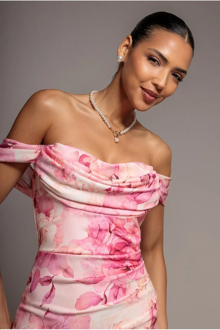 Goddiva Cowl abito maxi blush rosa stampa floreale scuba