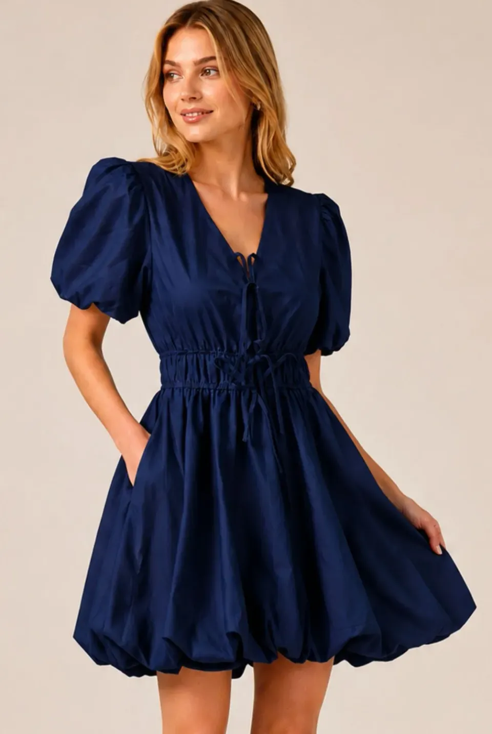 Avinci Puff Sleeve Tie Front abito mini blu navy ”, “vestibilità elasticizzata