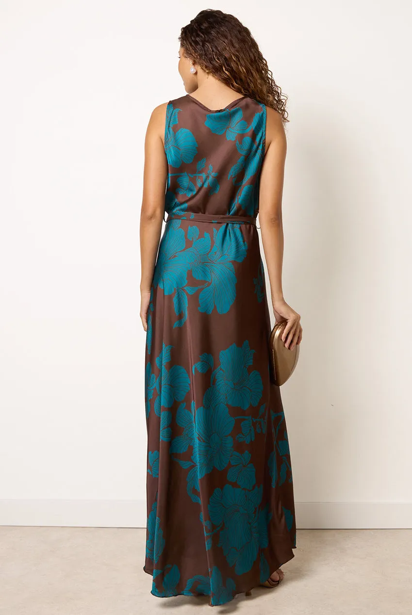 Blue Vanilla Floral Satin Cowl Neck abito raso cioccolato