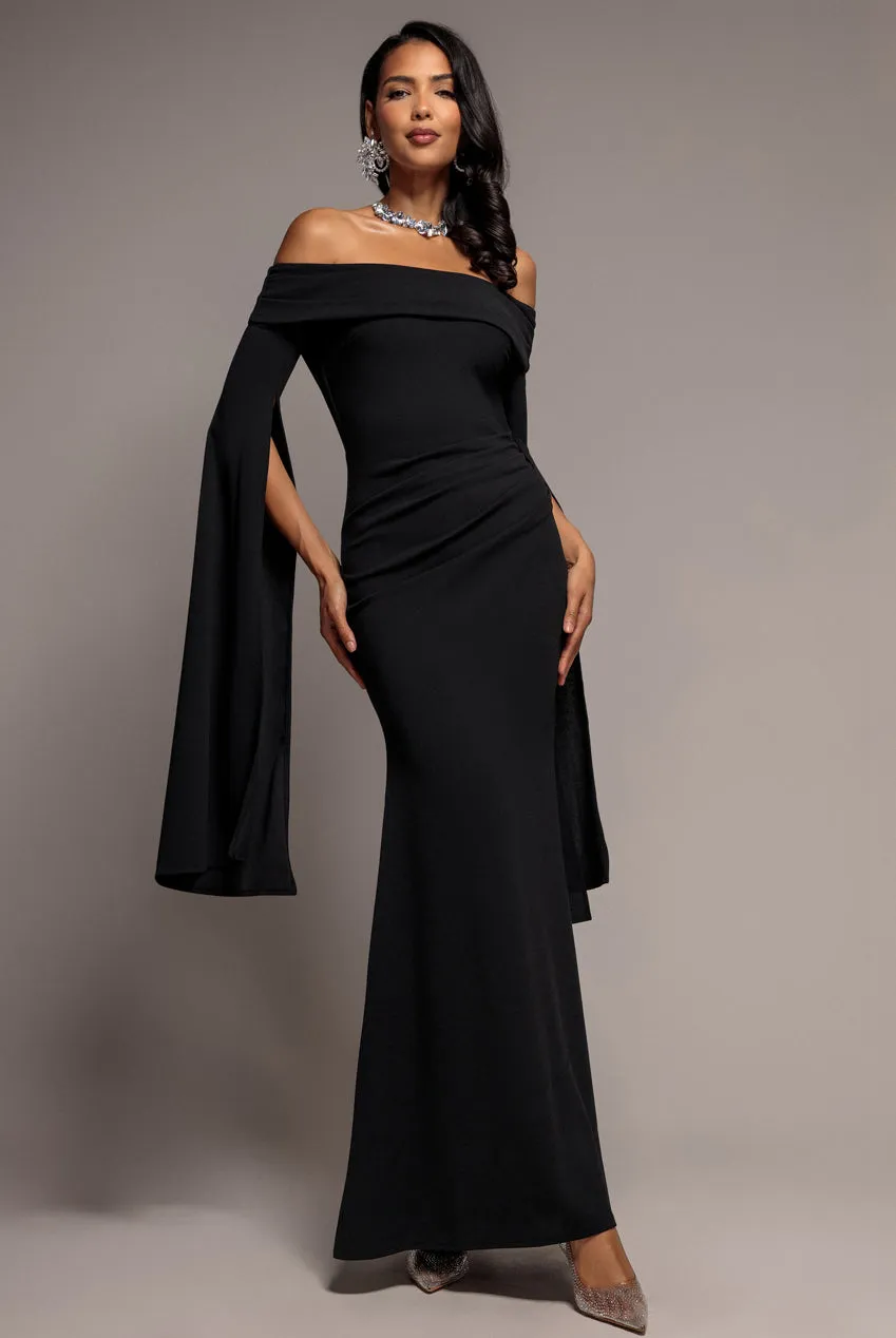 Goddiva Bardot Split Cape abito maxi nero spalle scoperte