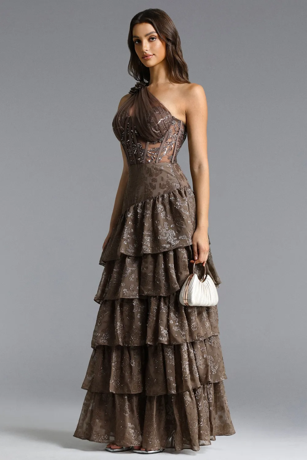 Bella Barnett Hedar Abito Maxi Paillettes Marrone Monospalla