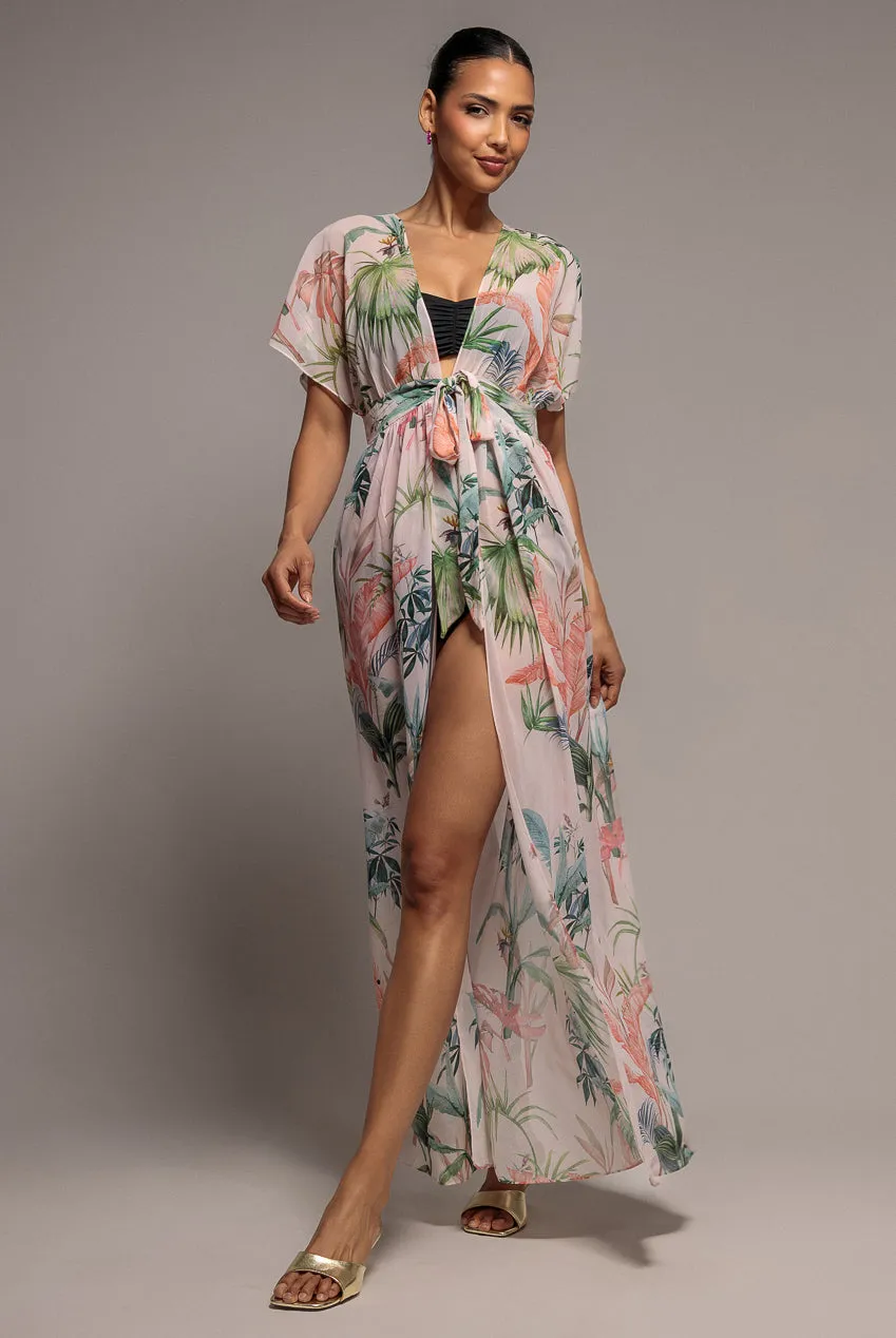 Goddiva Palm Print Flutter Sleeve kimono maxi palm print verde