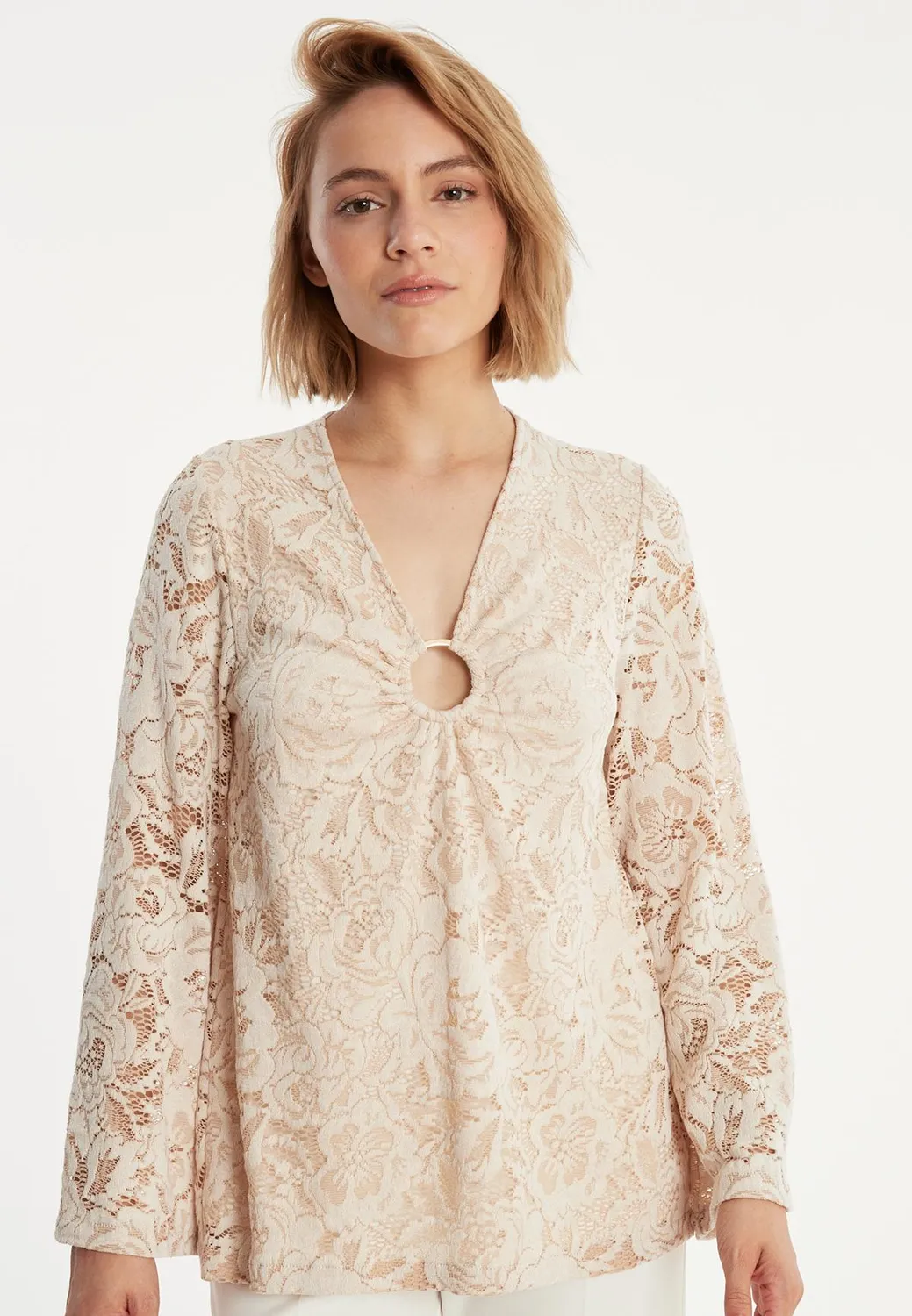 Ana Alcazar Zakora top pizzo beige scollo a V