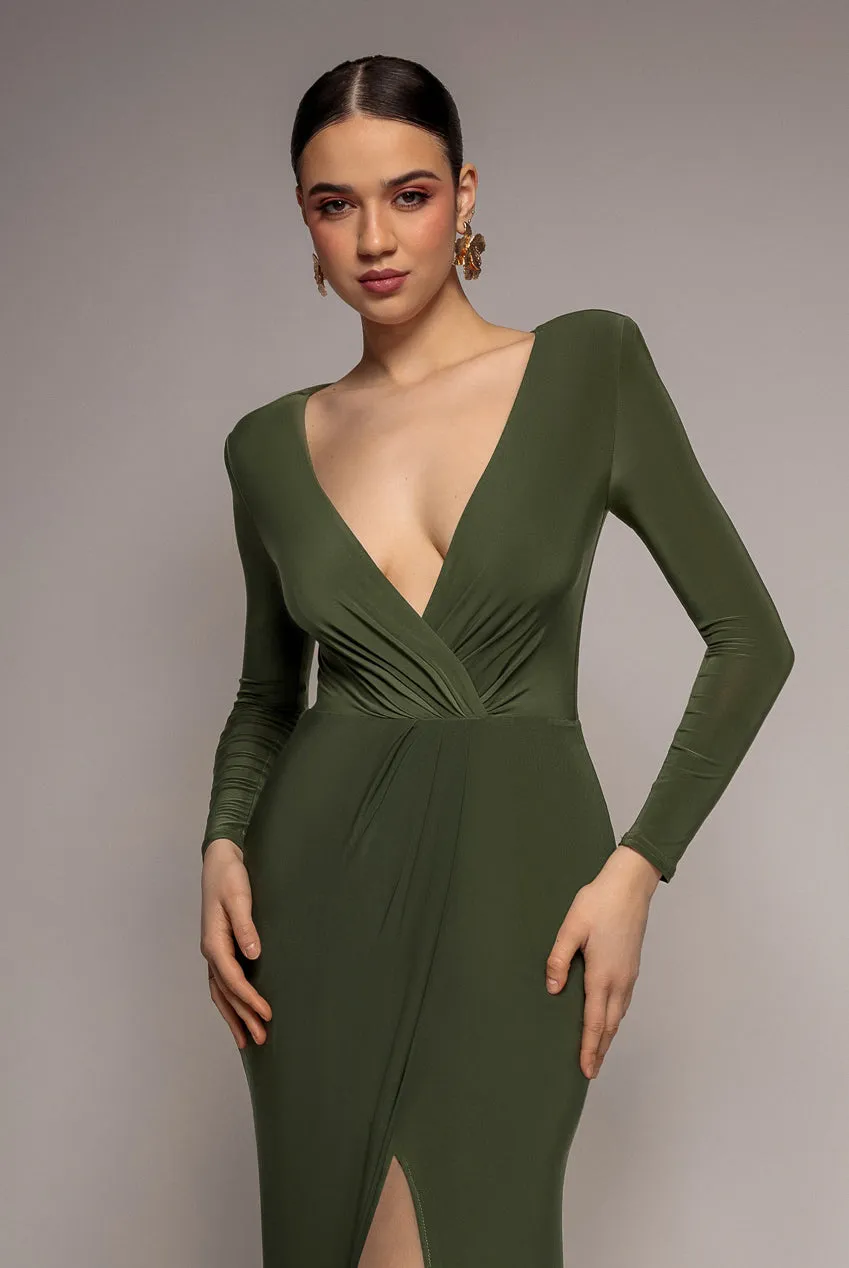 Goddiva abito midi incrociato verde oliva maniche lunghe