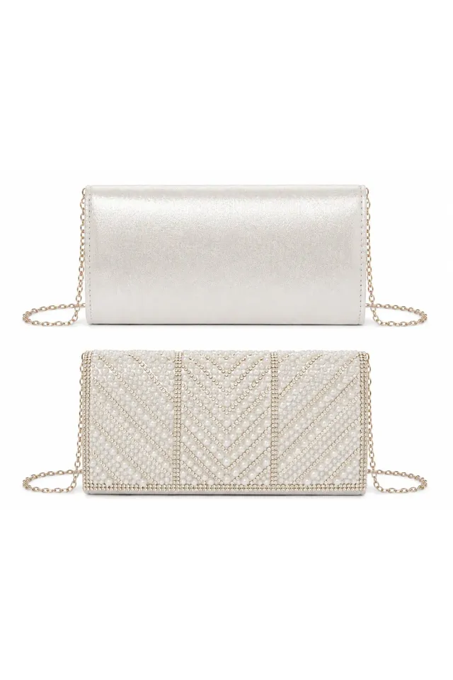 Double Second Clutch Perle Argento con Strass e Catena
