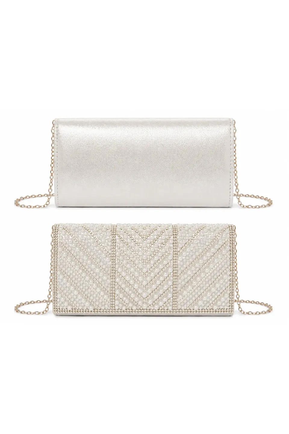 Double Second Clutch Perle Argento con Strass e Catena