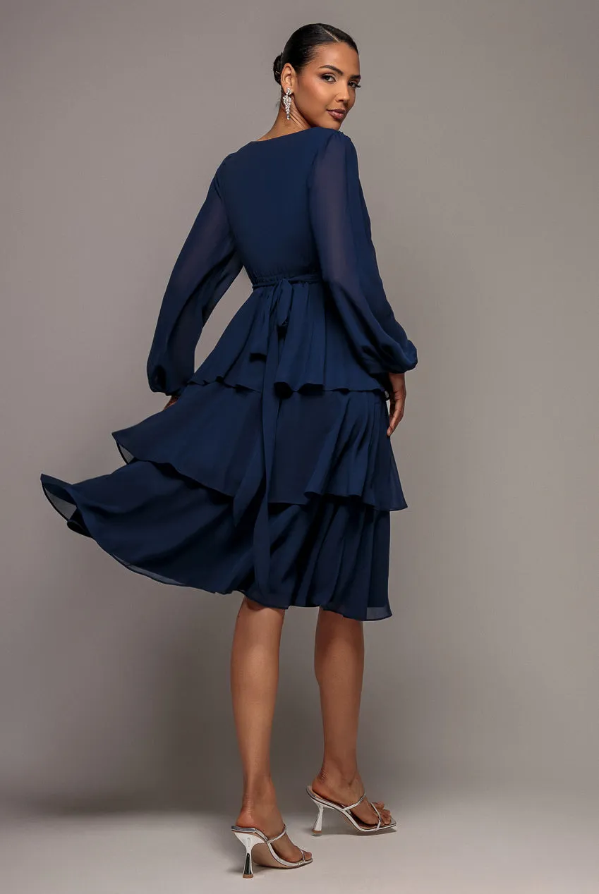 Goddiva Tiered Chiffon Wrap abito midi blu navy