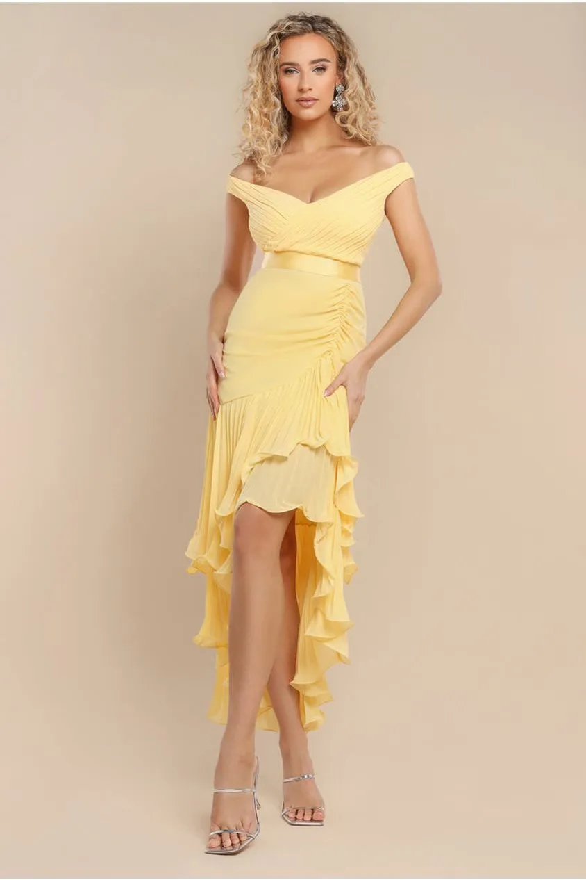 Goddiva Pleated Bardot abito midaxi chiffon limone scollo omeri