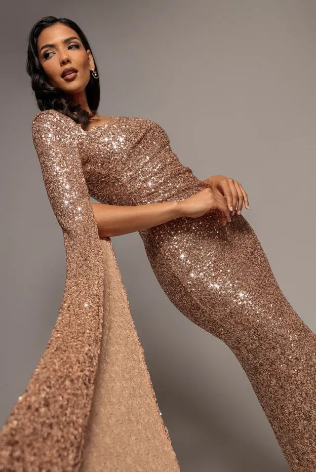 Goddiva abito maxi champagne mantella paillettes sirena