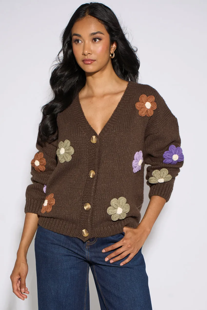 Gini London 3D Floral cardigan marrone maglia maniche lunghe