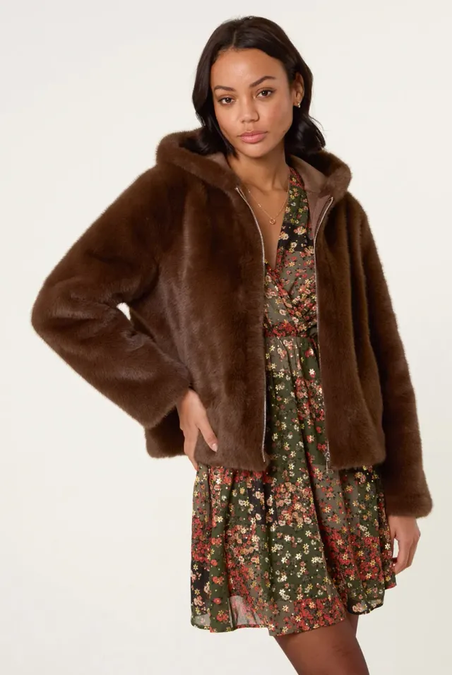 Blue Vanilla Faux Fur Giacca Caffè Cappuccio Pelliccia