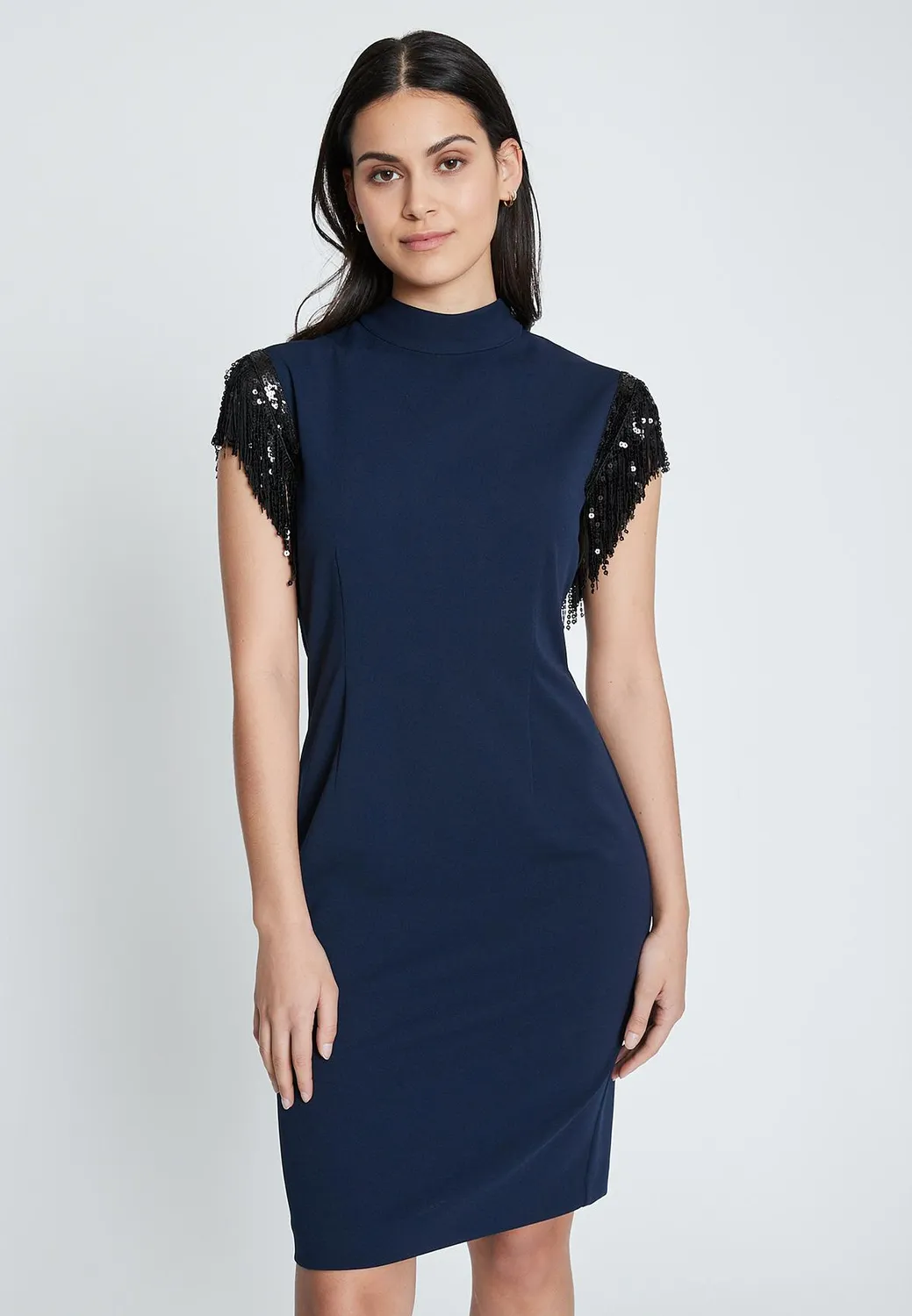 Ana Alcazar Imolys abito festa blu frange paillettes