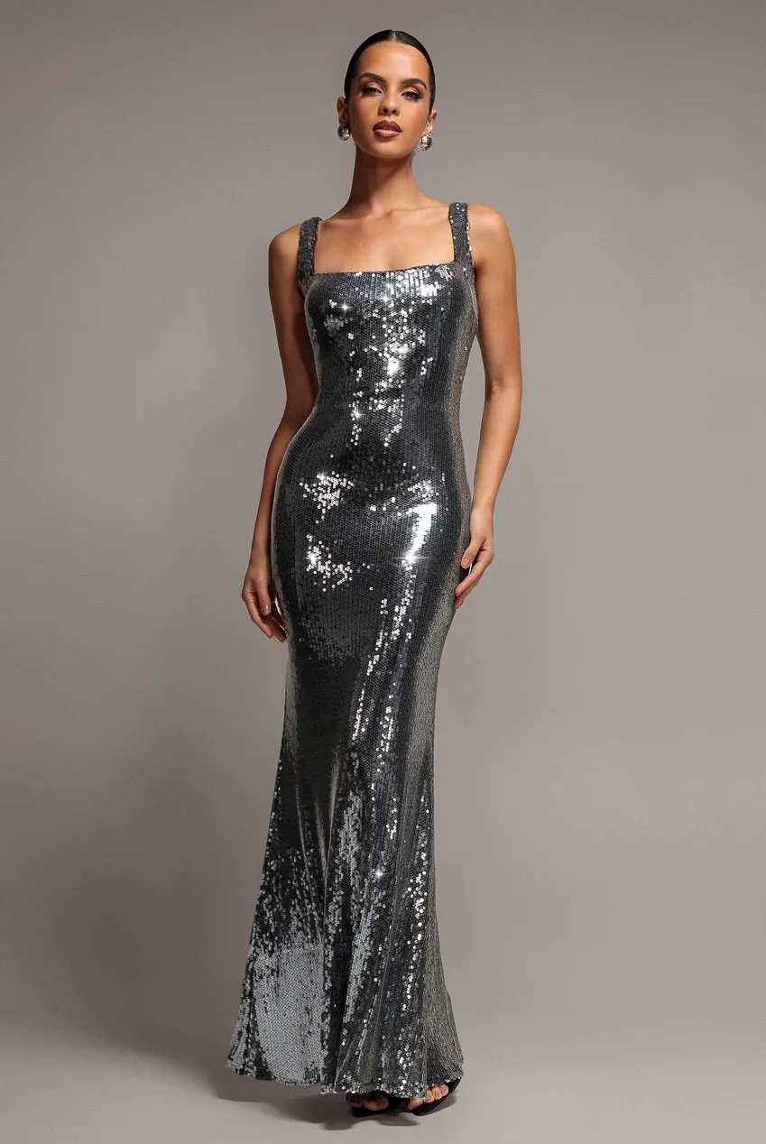 Goddiva Sequin Mermaid abito maxi argento scollo quadrato