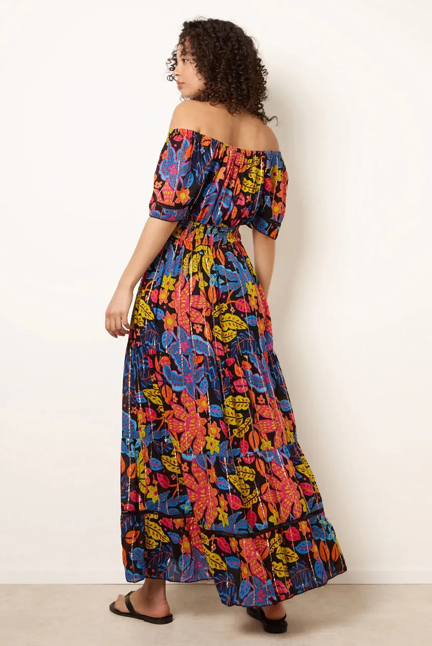 Blue Vanilla Bardot Tassel abito maxi nero stampato